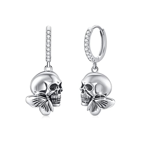 OHAYOO Totenkopf Ohrringe Damen 925 Sterling Silber Totenkopf Creolen Totenkopf Huggie Creolen mit Schmetterling Gothic Ohrringe Halloween Schmuck Totenkopf Geschenke Für Damen Herren von OHAYOO