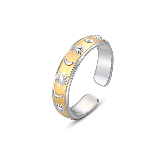 Ring Damen Vergoldet 925 Sterling Silber Sonne Mond Sterne Geprägter Bandring Für Damen Verstellbare Ringe Böhmische Ringe Schmuck Geschenk Für Damen Mädchen von OHAYOO