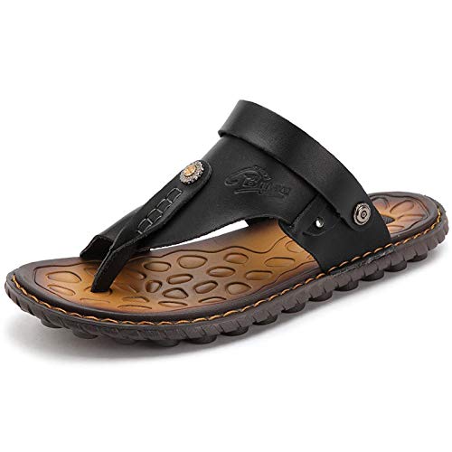 OHCHSH Herren Flip Flops Sandalen Schuhe mit Zehenring beiläufigen Sommer-Leder 9 M US Schwarz von OHCHSH