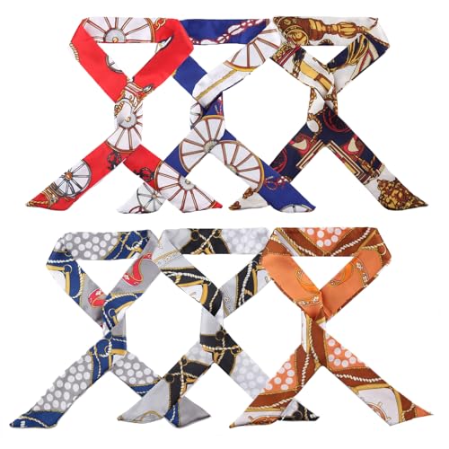 6PCS Frauen Satin Schal Set schmale Stirnband Handtasche Griff Wrap dünne Halstuch Haar Zubehör (Mischte Stile) von OHEETU