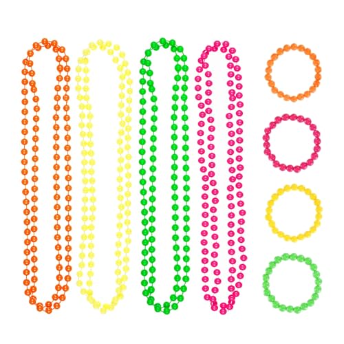 OHEETU 8 Stück 80 Jahre Neno Perlen Halskette Armband Sets Bunte Kunststoff Perlen Schmuck Retro Party Kostüm Requisiten Zubehör von OHEETU