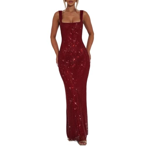 OHERUWKLS Glitzernde Pailletten-Ballkleider Für Frauen Mesh Quadratischer Ausschnitt Ärmelloses Formelles Hochzeitskleid,Rot,M von OHERUWKLS