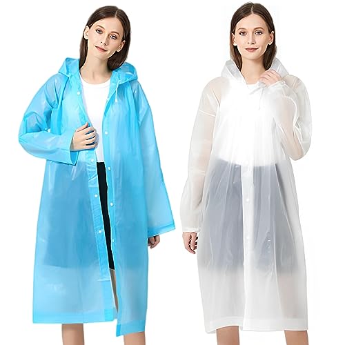 OHHXGK Regenponcho [2 Stück] Unisex Wiederverwendbar Transparent Regenmantel EVA Tragbarer Wasserdicht Regencape Atmungsaktiv Regenjacke für Reisen, Wandern, Radfahren & Camping (Weiß+Blau) von OHHXGK