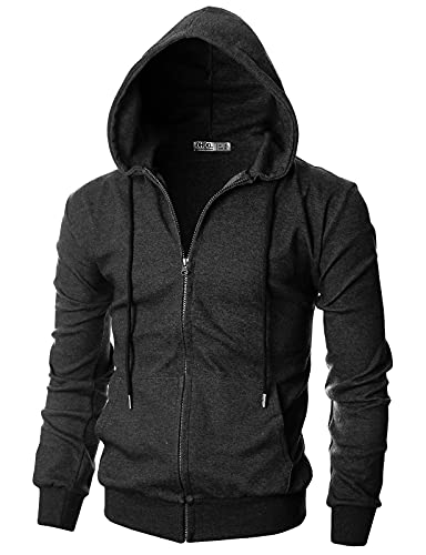 OHOO Herren-Kapuzenpullover, schmale Passform, langärmelig, leicht, mit Reißverschluss und Kanga-Tasche - Grau - Large Hoch von OHOO