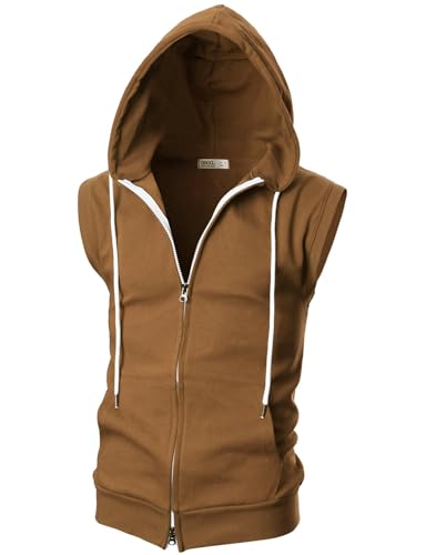 OHOO Männer Slim Fit Ärmellos Leicht Zip-Up Mit Kapuze Weste Mit Reißverschluss Trim Dcf011-Kamel Medium von OHOO