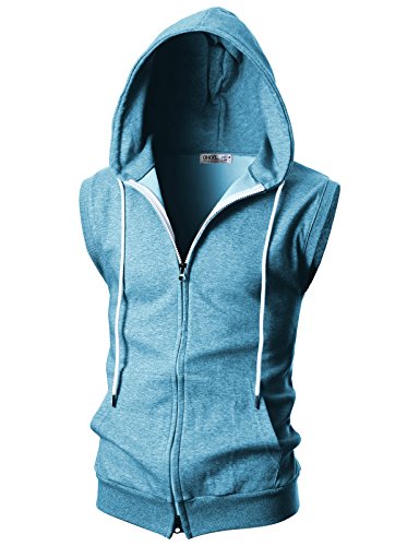 OHOO Männer Slim Fit Ärmellos Leicht Zip-Up Mit Kapuze Weste Mit Reißverschluss Trim Dcf011-Skyblue XXX-Large von OHOO