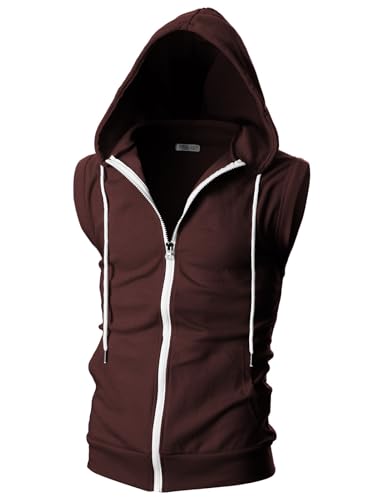 OHOO Männer Slim Fit ärmellos Leicht Zip-Up mit Kapuze Weste mit Reißverschluss-Trim Dcf012-Burgund Großen von OHOO