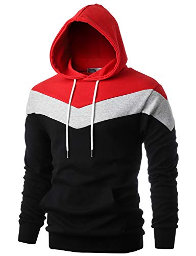 Ohoo Herren Color-Block Kapuzen-Sweatshirt mit Kängurutasche, schmale Passform, leichter Pullover, 3 Farbblöcke (dcf130) rot korallenrot / schwarz, Medium von OHOO