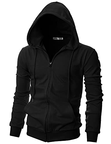 Ohoo Herren-Kapuzenjacke mit Reißverschluss, leicht, mit durchgehendem Reißverschluss, DCF136-Schwarz (Innentasche), Medium von OHOO
