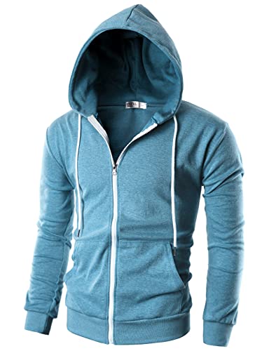 Ohoo Herren-Kapuzenpullover, schmale Passform, langärmelig, leicht, mit Reißverschluss und Kanga-Tasche, Dcf002-himmelblau (Innentasche), Large Hoch von OHOO