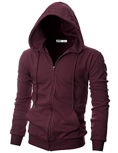 Ohoo Herren-Kapuzenpullover mit Reißverschluss, schmale Passform, leicht, mit Taschen, langärmelig, durchgehender Reißverschluss, Dcf136-darkburgundy (Innentasche), Large von OHOO