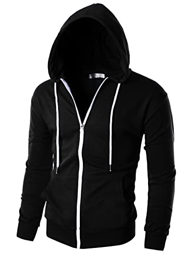 Ohoo Herren Slim Fit Langarm Leichte Zip-Up Hoodie Mit Kanga Tasche Dcf002 Schwarz Mittel von OHOO