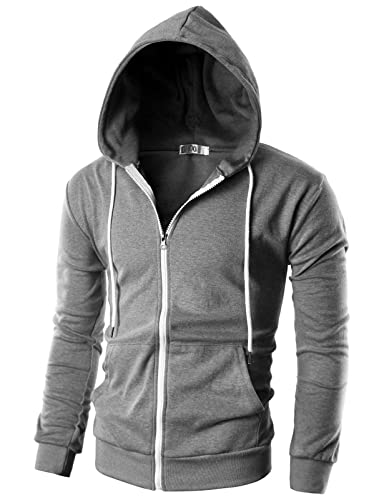 Ohoo Herren Slim Fit Langarm Leichte Zip-Up Hoodie Mit Kanga Tasche Dcf002 Tiefen Grau Großen von OHOO