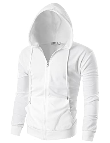 Ohoo Herren Slim Fit Langarm Leichte Zip-Up Hoodie Mit Kanga Tasche Dcf002 Weiß Medium von OHOO