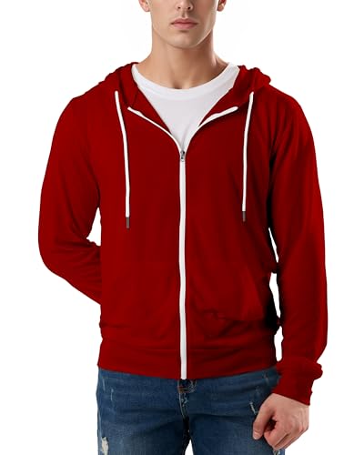 Ohoo Herren Slim Fit Langarm Super Thin Lightweight Soft Fleece Lined Eco Zip Up Hoodie Sweatshirt With Kangaroo Pockets, Dcf209-rot, XX-Large von OHOO
