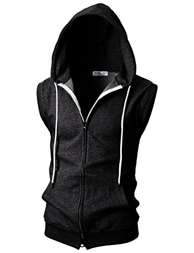 Ohoo Männer Slim Fit Ärmellos Leicht Zip-up mit Kapuze Weste mit Reißverschluss-Trim Dcf011-Charcoal Kleinen von OHOO