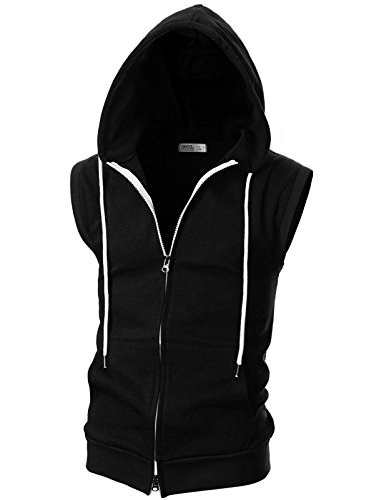 Ohoo Männer Slim Fit Ärmellos Leicht Zip-up mit Kapuze Weste mit Reißverschluss Trim Dcf011-Schwarz Kleinen von OHOO