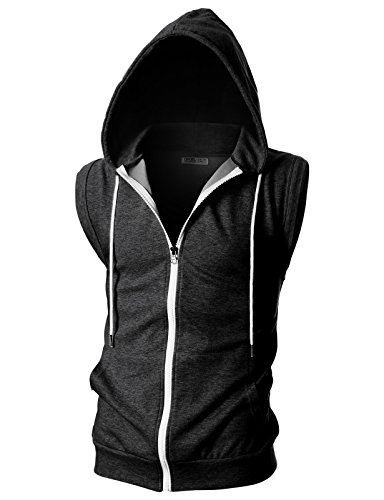 Ohoo Männer Slim Fit ärmellos Leicht Zip-Up mit Kapuze Weste mit Reißverschluss-Trim Dcf012-Kohle Großer von OHOO