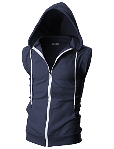 Ohoo Männer Slim Fit ärmellos Leicht Zip-Up mit Kapuze Weste mit Reißverschluss Trim Dcf012-Navy Xx-Large von OHOO