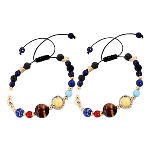 OHPHCALL 2 Stück Stein Armband für Damen Handgefertigt mit Sonnensystem Planeten Perlen Verstellbar Natürlicher Schutzstein Stilvoll für Alltag Party Geschenk für Mädchen und Frauen von OHPHCALL