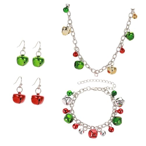 OHPHCALL 4 Stück Teiliges Weihnachts Schmuckset mit Glocken Leichtes Legierungs Armband Verstellbare Halskette Rote und Grüne Ohrringe für Damen Festlicher Schmuck für Party und Alltag von OHPHCALL