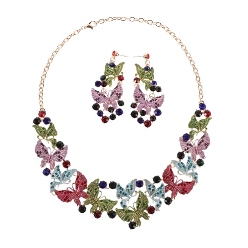 OHPHCALL Buntes Schmetterling Schmuckset mit Strahlenden Kristallen Statement Halskette und Ohrringe Hautfreundlich Vielseitig für Hochzeit Ball Festliche Anlässe Elegantes Damen Accessoire von OHPHCALL