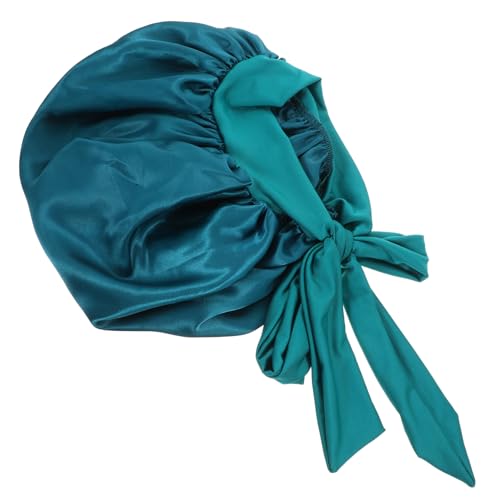 OHPHCALL Bowknot Schlafmütze Für Damen Elastische Satin Schlafhaube Mit Breitem Rand Für Lockenpflege Make-up Und Nachtpflege Stilvollem Design Einfarbig Blauer Farbton von OHPHCALL