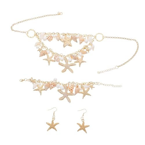 OHPHCALL Meeresthema Schmuckset Damen Muschel und Meeresstern Anhänger Imitationsperlen Kette Armband und Ohrringe Sommerliche Strand Accessoires für Urlaub und Party für Frauen und Mädchen von OHPHCALL