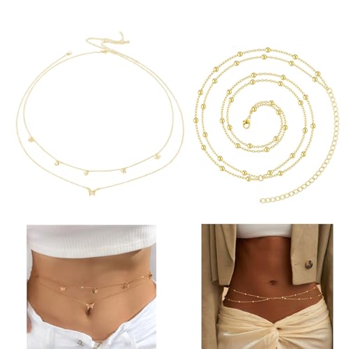 OHREN 2-lagige Bauchkette und Körperkette für Frauen, Verstellbar, Wasserfest, Nicht Anlaufend, mit Taillenkette, Körperschmuck, Waist Chain (Gold) von OHREN
