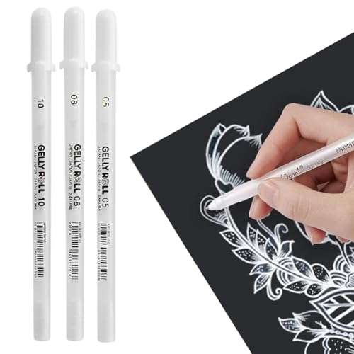 OHREN 3 Stück Gelly Roll undurchsichtige Gelstifte für Hervorhebungen, Zeichnungen und Bastelarbeiten (verschiedene Größen) (White) von OHREN