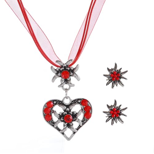 OHREN 3 Stück Trachtenschmuck Set Bayerisch Dirndlschmuck Trachtenkette mit Strass Edelweiß Herz Anhänger und Edelweiß Ohrstecker für Damen Bierfest Trachten Dirndl Outfit Accessoires (Rot) von OHREN