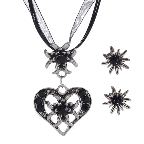 OHREN 3 Stück Trachtenschmuck Set Bayerisch Dirndlschmuck Trachtenkette mit Strass Edelweiß Herz Anhänger und Edelweiß Ohrstecker für Damen Bierfest Trachten Dirndl Outfit Accessoires (schwarz) von OHREN