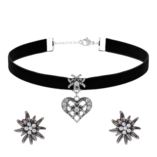 OHREN 3 pcs schwarz Damen Trachtenschmuck Set Edelweiß Halskette Elegante Trachtenkette und Ohrstecker Edelweiß Trachten Samt Kropfband Bayerisch Bierfest Dirndlschmuck Trachten Dirndl Accessoires von OHREN