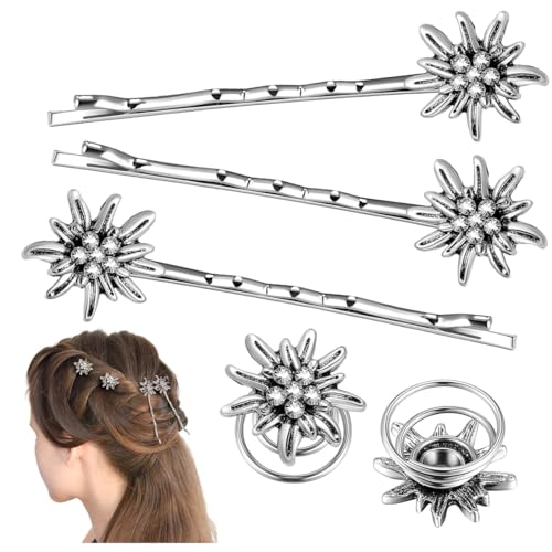 OHREN 5 Stück Traditionelles Strass Edelweiß Haarschmuck Elegante Trachtenschmuck Damen Wellenform Haarspange Federklemmen für Bayerisch Bierfest Dirndlschmuck Trachten Dirndl Accessoires (Silber) von OHREN