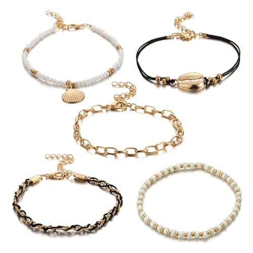 OHREN 5er-Set Fußkettchen Für Damen, Boho Schmuck Mit Perlen Und Muscheln, Mehrlagiger Fußschmuck Für Frauen, Strand-Accessoire von OHREN