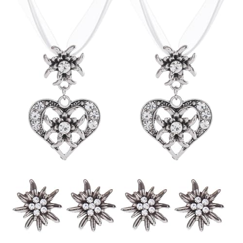 OHREN 6 Stück Weiß Trachtenschmuck Set Bayerisch Dirndlschmuck Trachtenkette mit Strass Edelweiß Herz Anhänger und Edelweiß Ohrstecker für Damen Bierfest Trachten Dirndl Outfit Accessoires von OHREN