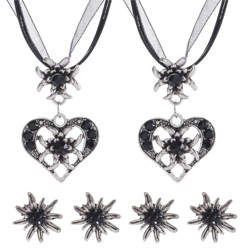 OHREN 6 Stück schwarz Trachtenschmuck Set Bayerisch Dirndlschmuck Trachtenkette mit Strass Edelweiß Herz Anhänger und Edelweiß Ohrstecker für Damen Bierfest Trachten Dirndl Outfit Accessoires von OHREN