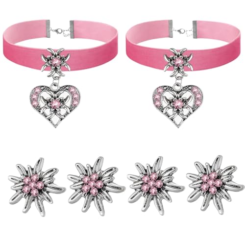 OHREN 6 pcs Rosa Damen Trachtenschmuck Set Edelweiß Halskette Elegante Trachtenkette Ohrstecker Edelweiß Trachten Samt Kropfband Bayerisch Bierfest Dirndlschmuck Dirndl Accessoires von OHREN