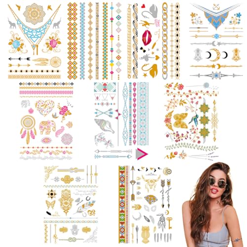 OHREN 9 Blätter Temporäre Tattoos, Flash Tattoos, Festival Tattoos zum Aufkleben, Tattoo-Aufkleber für den Körper von Mädchen (Gold) von OHREN