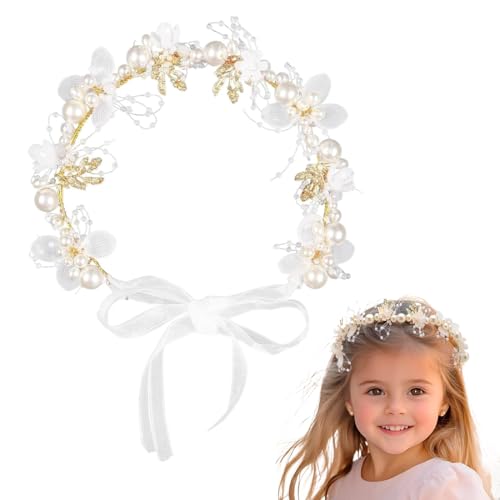 OHREN Stirnband Kommunion Mädchen Haarkranz Taufe Haarschmuck Prinzessin Blumen Haarreif Hochzeit Blumenmädchen Kopfschmuck Haarband mit Blüten Perlen (Weiß) von OHREN