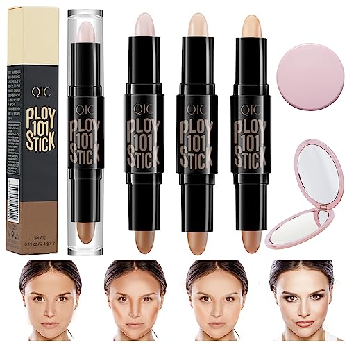 Contouring Sticks 3 pcs Contour Stick 2-in-1 Conturingstift Konturenstift Highlighter Stick Bronzer Stick Milk Contour Stick Highlighter Stift Contour Stift Mit 1 Beidseitig klappbarer Kosmetikspiegel von OHSN