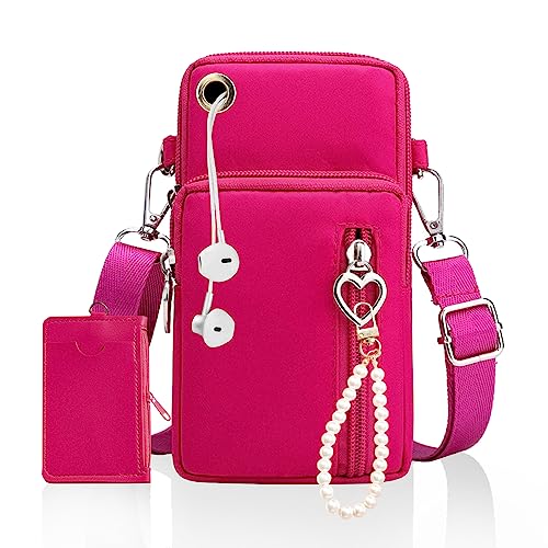 OHSN Damen Handytasche 3 Pcs Set: Umhängetasche mit Kopfhörer-Eingang, Perlenkette & Kartenetui - Rosa, 20cm x 10cm x 5cm von OHSN