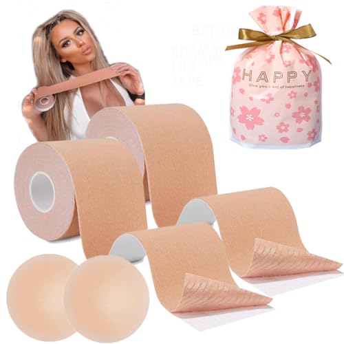 OHWHOA Brust Tape Klebe BH Push Up, 10m Body Tape Set für Große Brust Rückenfrei BH Nippelpads Wiederverwendbar für Braut Hochzeitskleid, Ballkleid Rückenfrei, Fashion Abendkleider(Braun + Braun) von OHWHOA