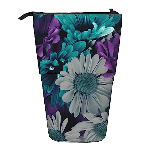 OHWODA Bunte Blume Schmetterling gedruckt einziehbare Bleistifttasche, vertikale Bleistifttasche, tragbare Schreibwaren-Tasche, Schreibtisch-Organizer, Violett/Weiß mit Blumenmuster, Einheitsgröße, von OHWODA