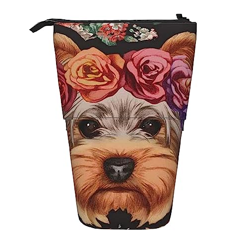 OHWODA Bunte Blume Schmetterling gedruckt einziehbare Bleistifttasche, vertikale Bleistifttasche, tragbare Schreibwaren-Tasche, Schreibtisch-Organizer, Yorkie Floral, Einheitsgröße, Münzbeutel von OHWODA