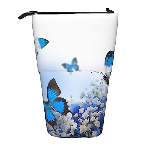 OHWODA Bunte Blume Schmetterling gedruckt einziehbare Bleistifttasche, vertikale Bleistifttasche, tragbare Schreibwaren-Tasche, Schreibtisch-Organizer, blau mit schmetterlingen, Einheitsgröße, von OHWODA