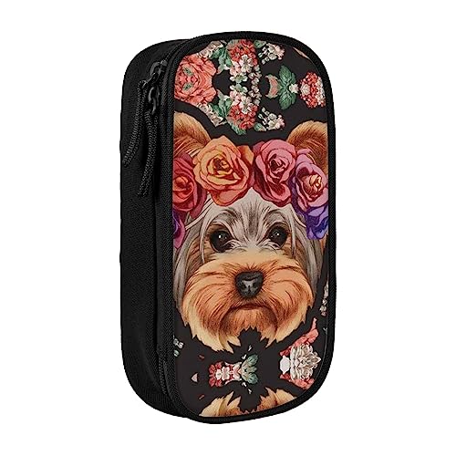 OHWODA Federmäppchen mit Yorkie-Blumenmuster, großes Fassungsvermögen, langlebiges Federmäppchen, tragbare Schreibwarentasche, Schreibtisch-Organizer von OHWODA