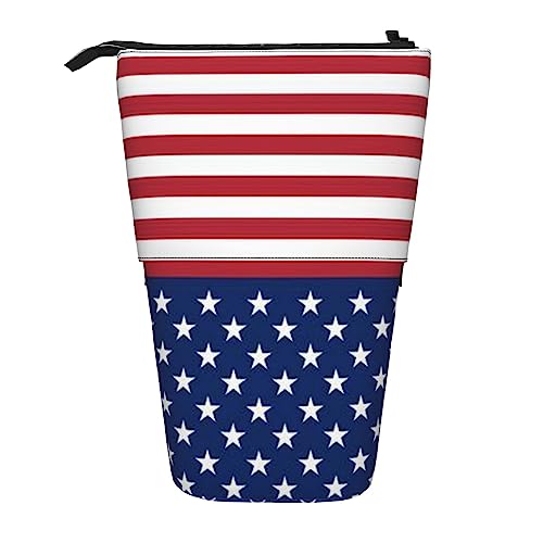 OHWODA Kaninchen in verschiedenen Posen Springen Laufen Bedruckte einziehbare Bleistifttasche, Vertikales Federmäppchen, Tragbare Schreibwarentasche, Schreibtisch-Organizer, Amerikanische Flagge von OHWODA