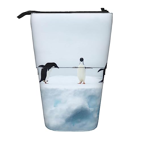 OHWODA Magisches Design nordische Runen Kompass gedruckt einziehbare Bleistifttasche, vertikales Federmäppchen, tragbare Schreibwarentasche, Schreibtisch-Organizer, Pinguine auf dem Eisberg, von OHWODA