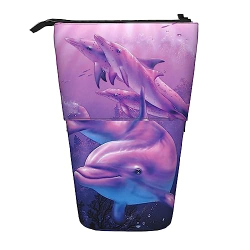 OHWODA Mond Sterne und Planeten gedruckt einziehbare Bleistifttasche, vertikale Federmäppchen, tragbare Schreibwarentasche, Schreibtisch-Organizer, Delfine Art, Einheitsgröße, Münzbeutel von OHWODA